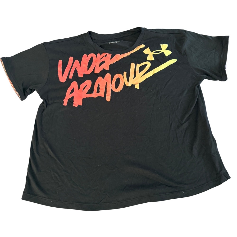 Under Armour T-Shirt Women's Small Black Graphic Logo Short‎ Sleeve Stripe Trim